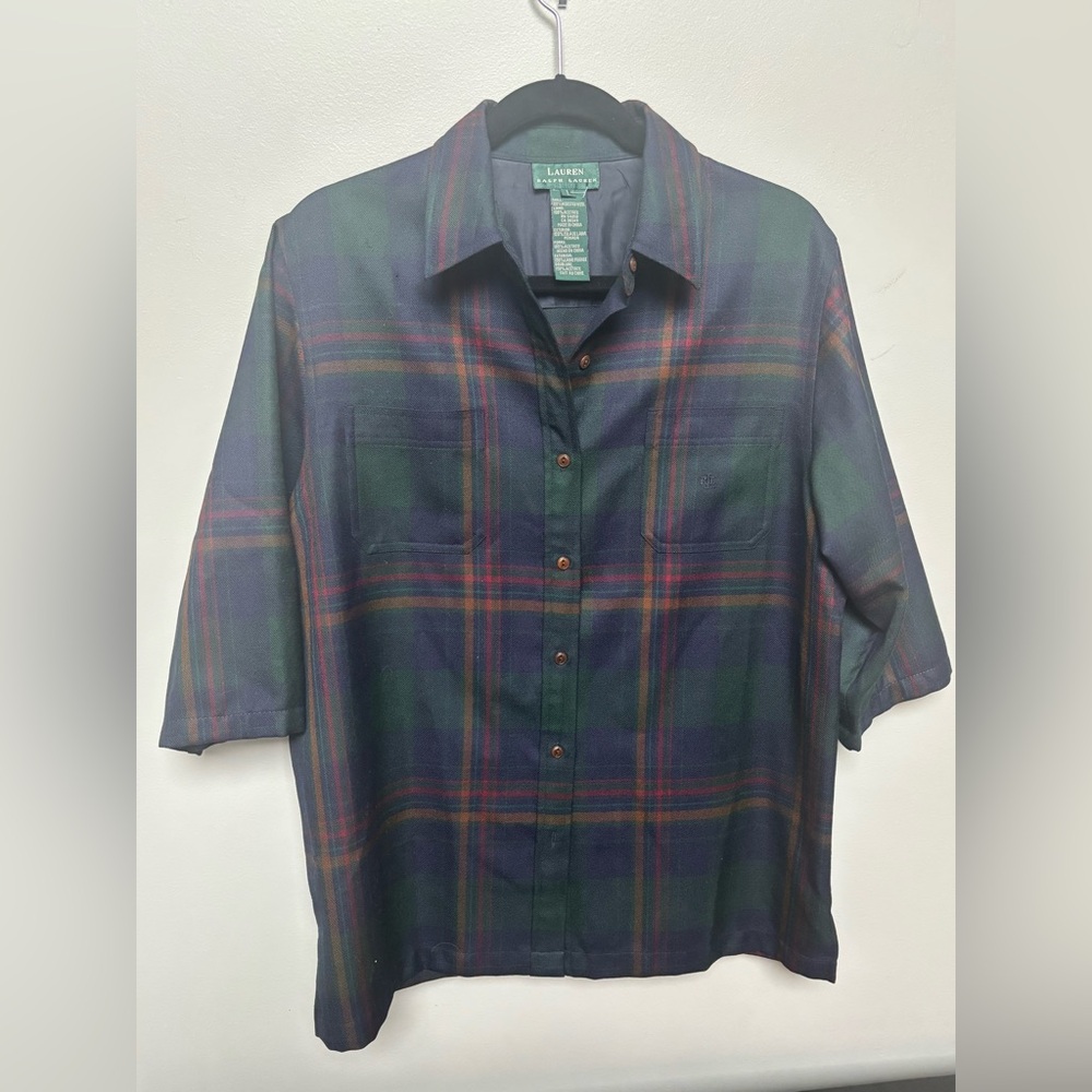 Ralph Lauren wool Men's Plaid 3/4 sleeve buttonShirt-Back tabs urban classic- L